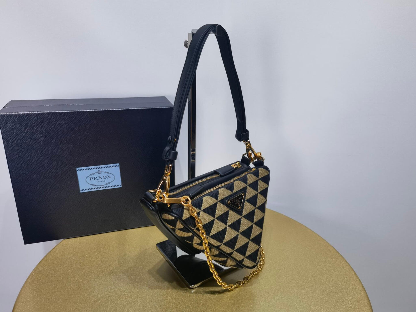 1bc176 prada symbole leather and fabric mini bag black beige