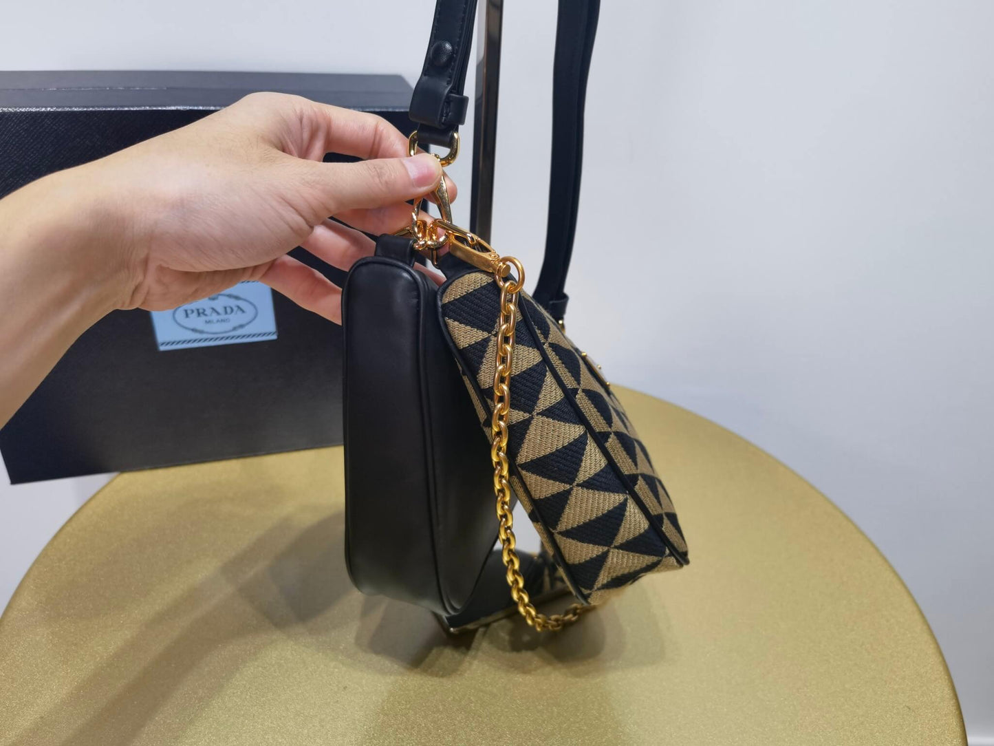 1bc176 prada symbole leather and fabric mini bag black beige