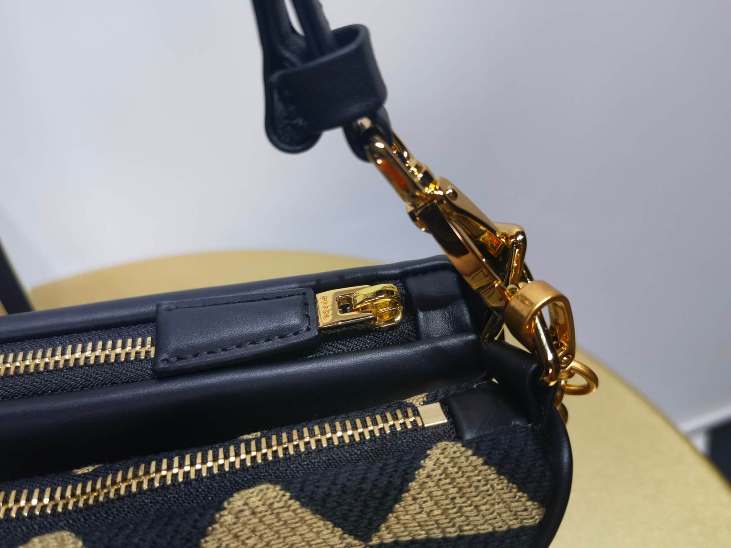 1bc176 prada symbole leather and fabric mini bag black beige