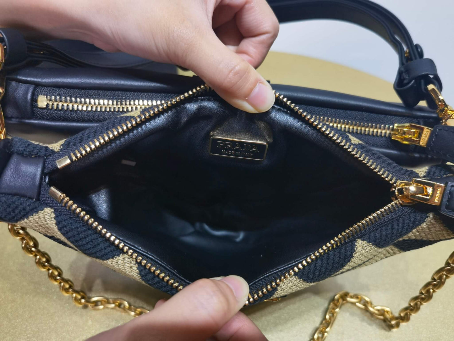 1bc176 prada symbole leather and fabric mini bag black beige