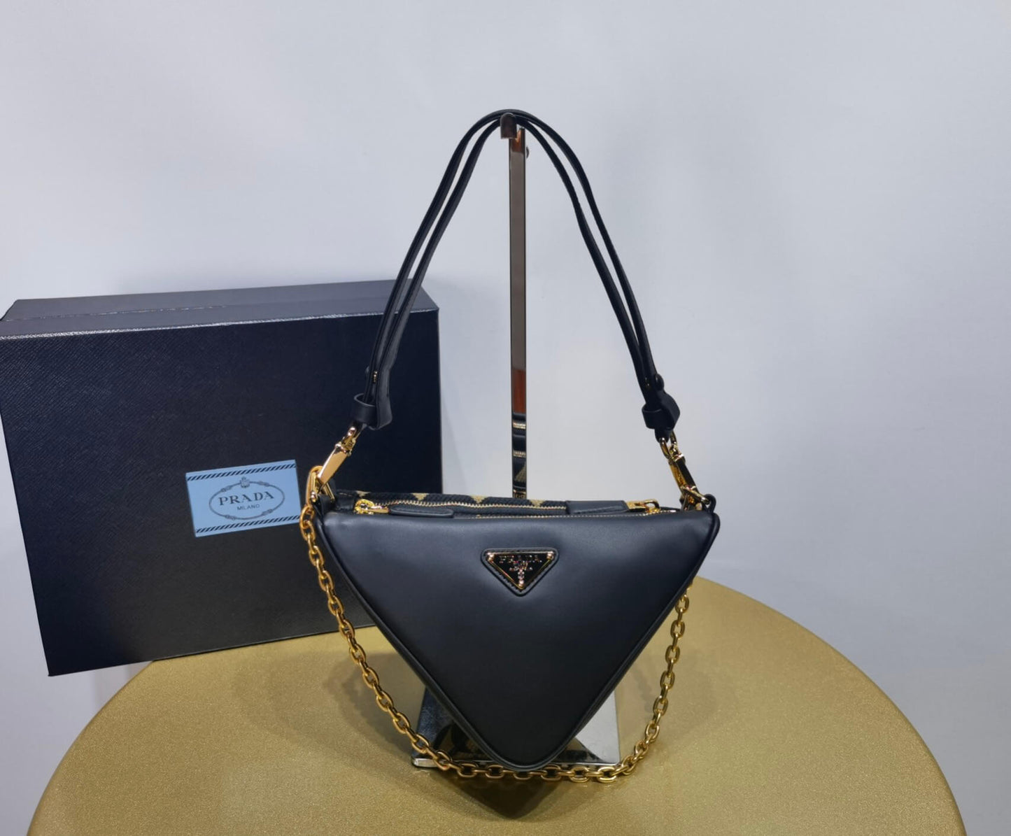 1bc176 prada symbole leather and fabric mini bag black beige