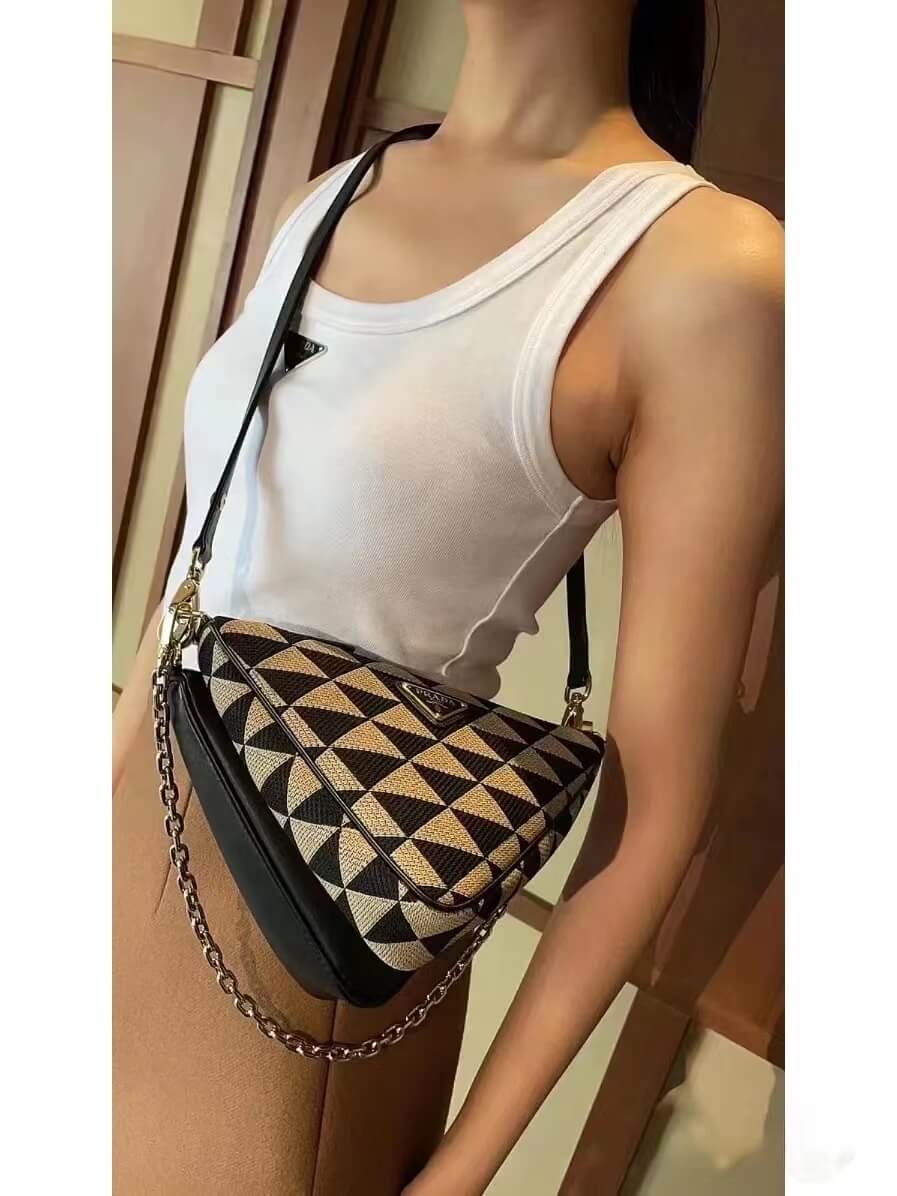 1bc176 prada symbole leather and fabric mini bag black beige