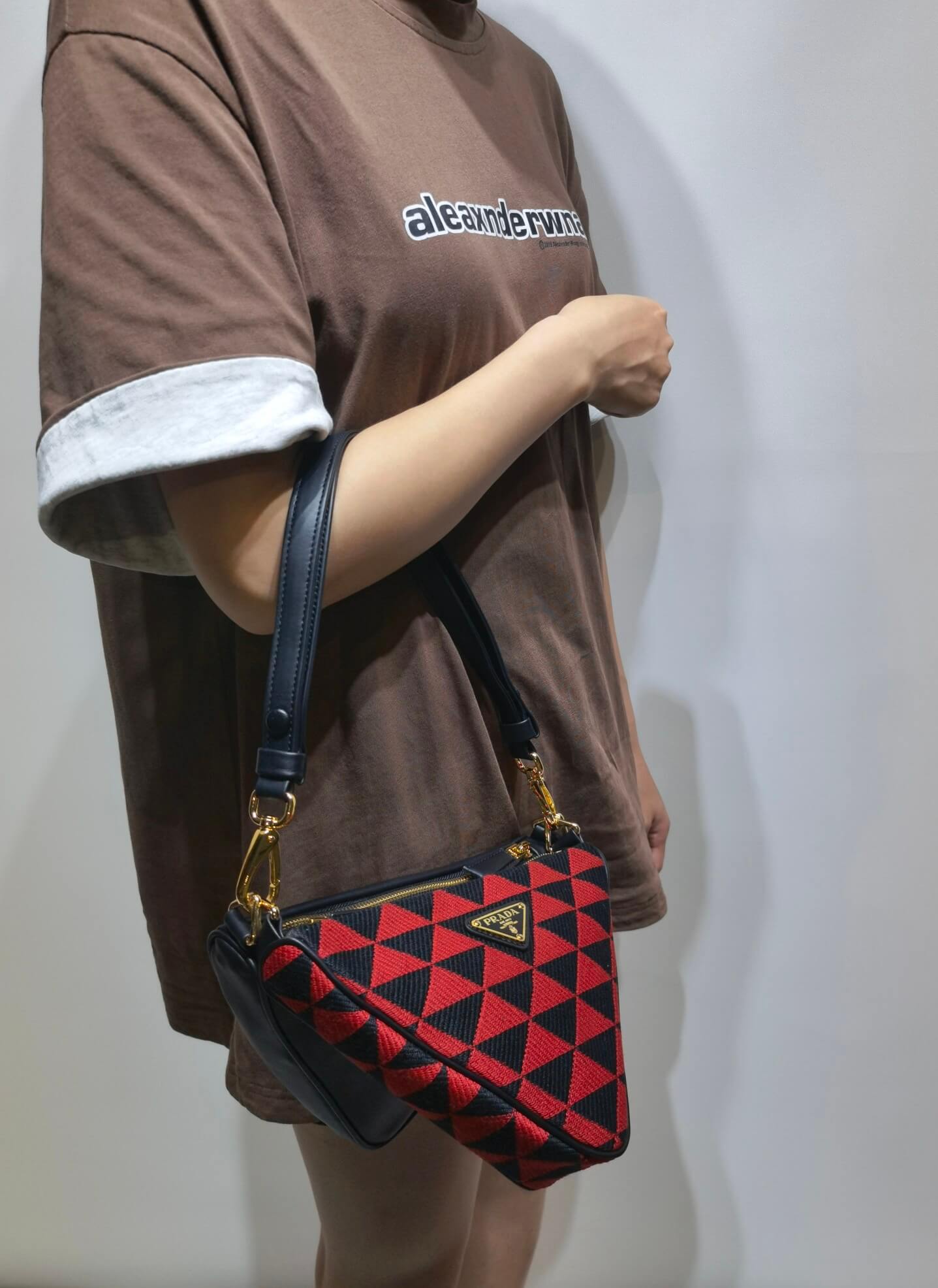 1bc176 prada symbole leather and fabric mini bag black cherry red