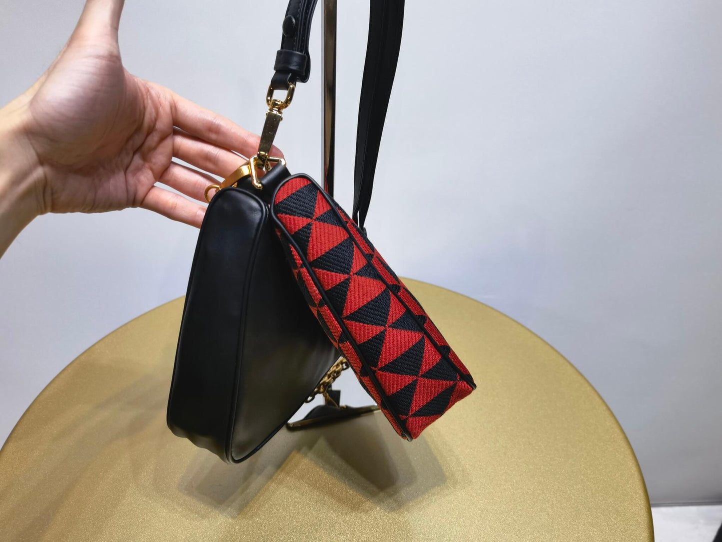 1bc176 prada symbole leather and fabric mini bag black cherry red