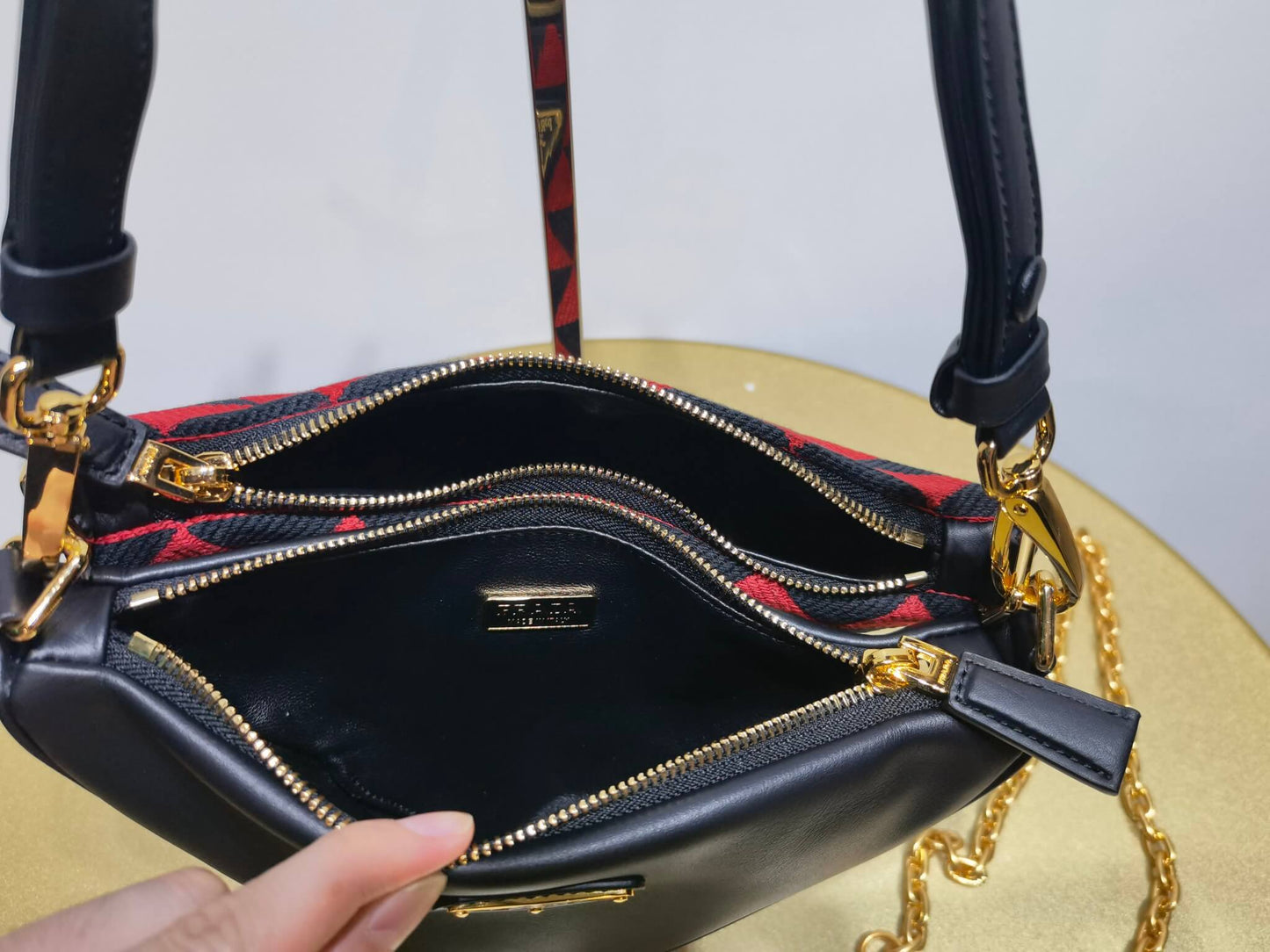 1bc176 prada symbole leather and fabric mini bag black cherry red