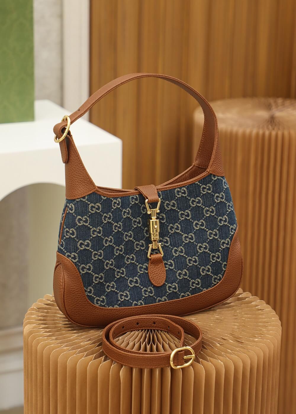 gg 637092 subaxillary bag leather brown blue canvas