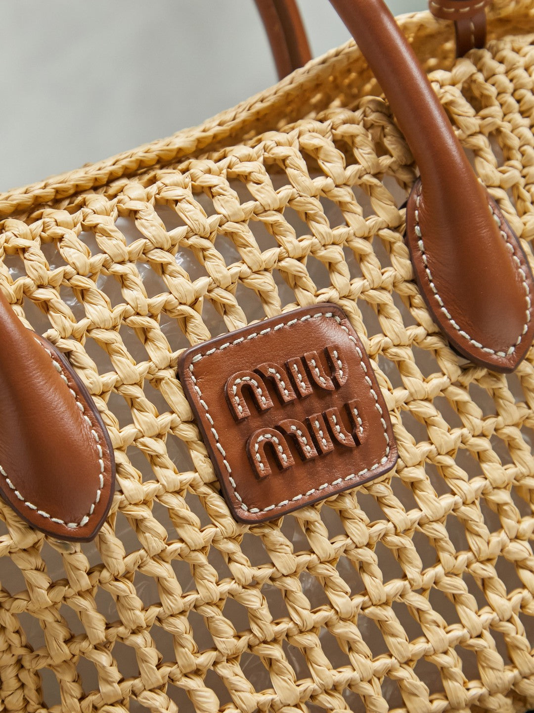 Miu Miu 26S Woven Straw Bag Beige Raffia Brown Leather 5BA316