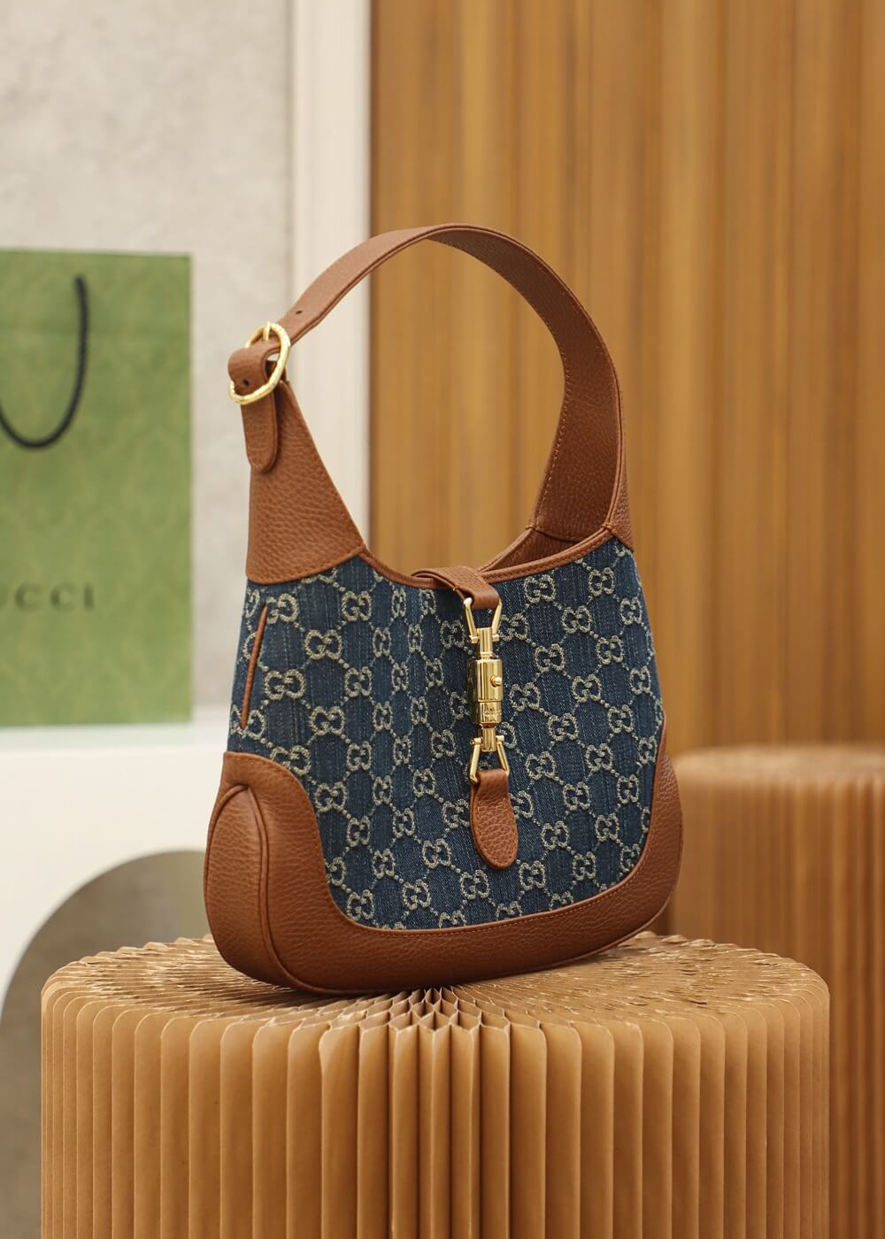 gg 637092 subaxillary bag leather brown blue canvas