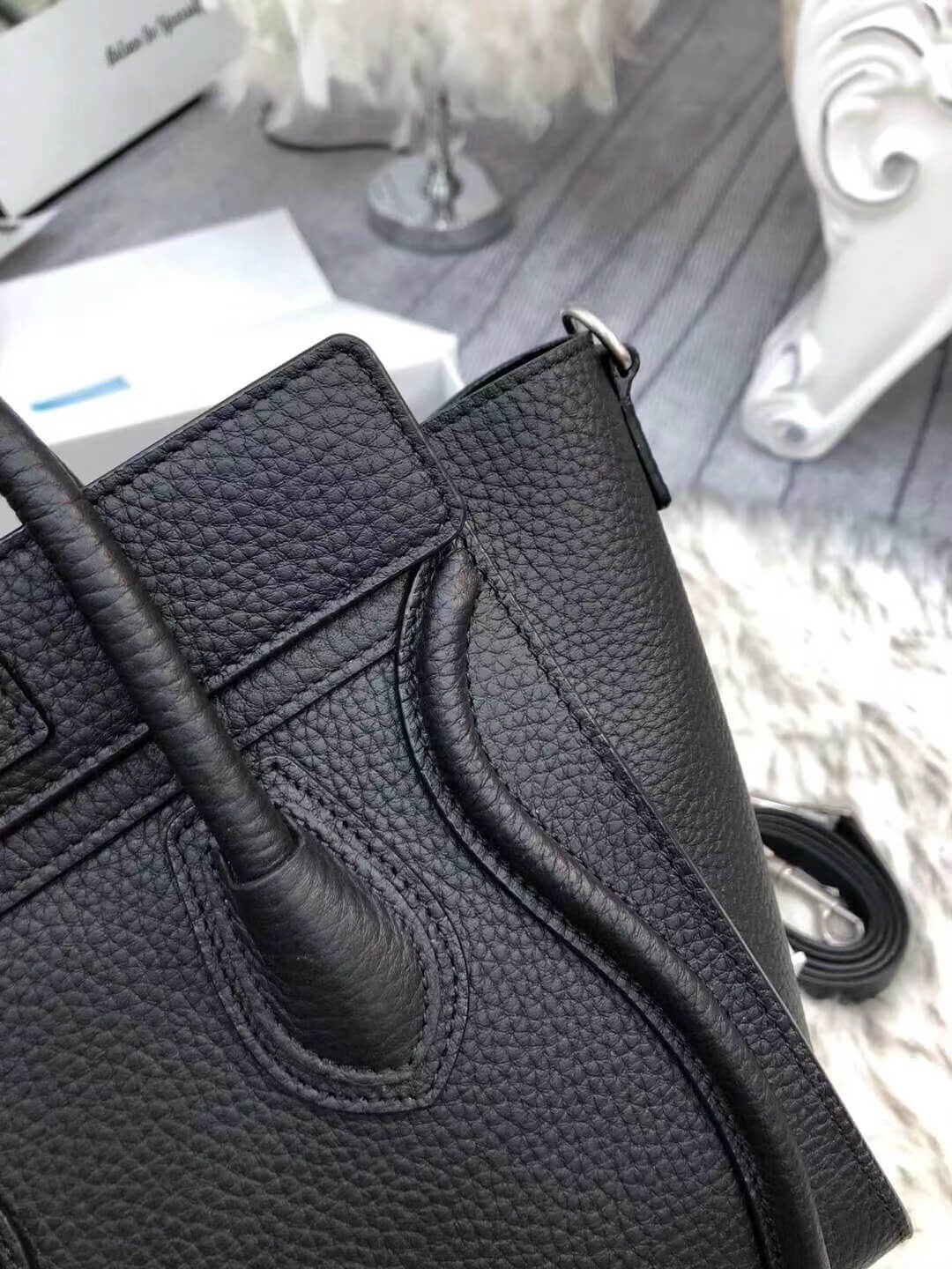 nano luggage bag in drummed calfskin shoulder bag handbag black 070301
