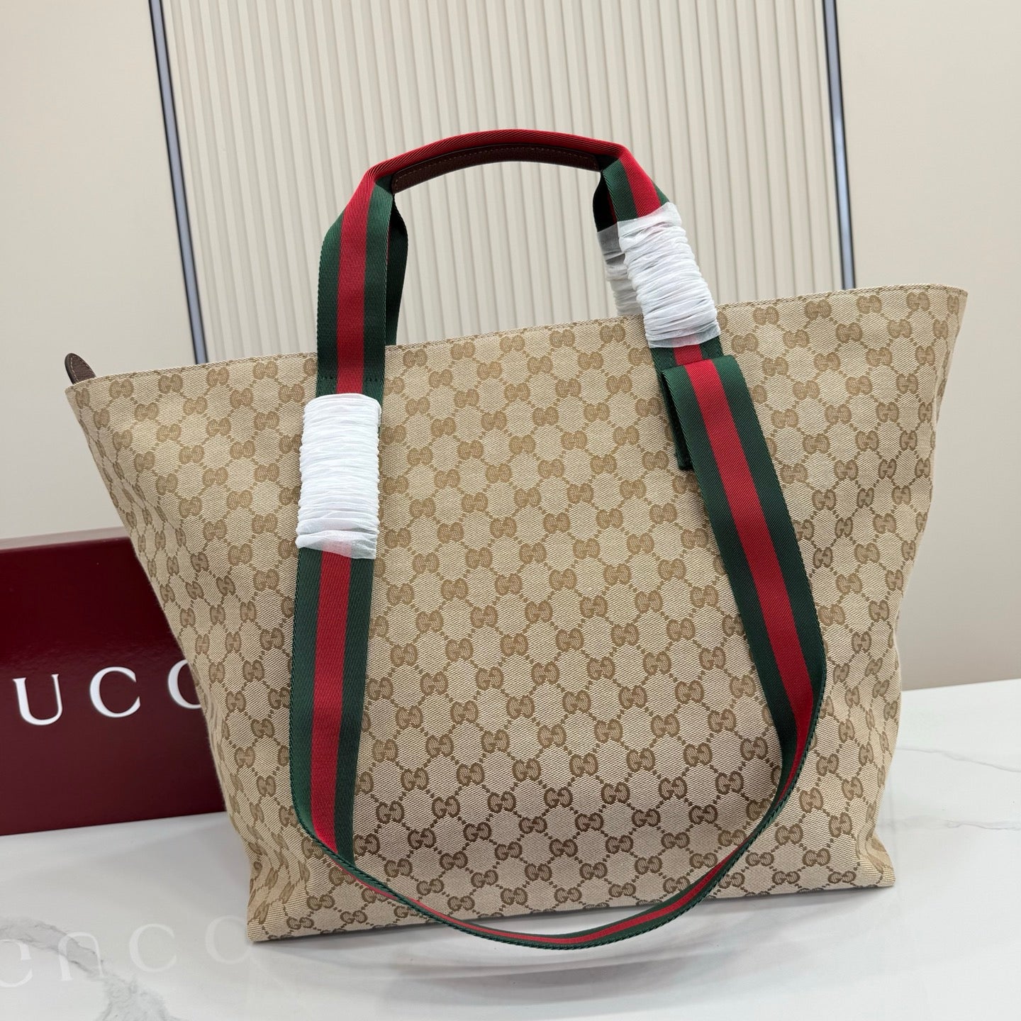 Gucci Generation GG Canvas Tote Apricot Red-Green Web 875929