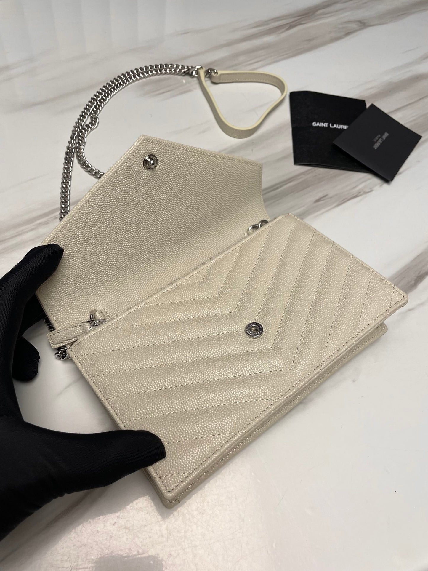 ysl white silver hardware envelope small bag in mix matelasse grain de poudre embossed leather 393953