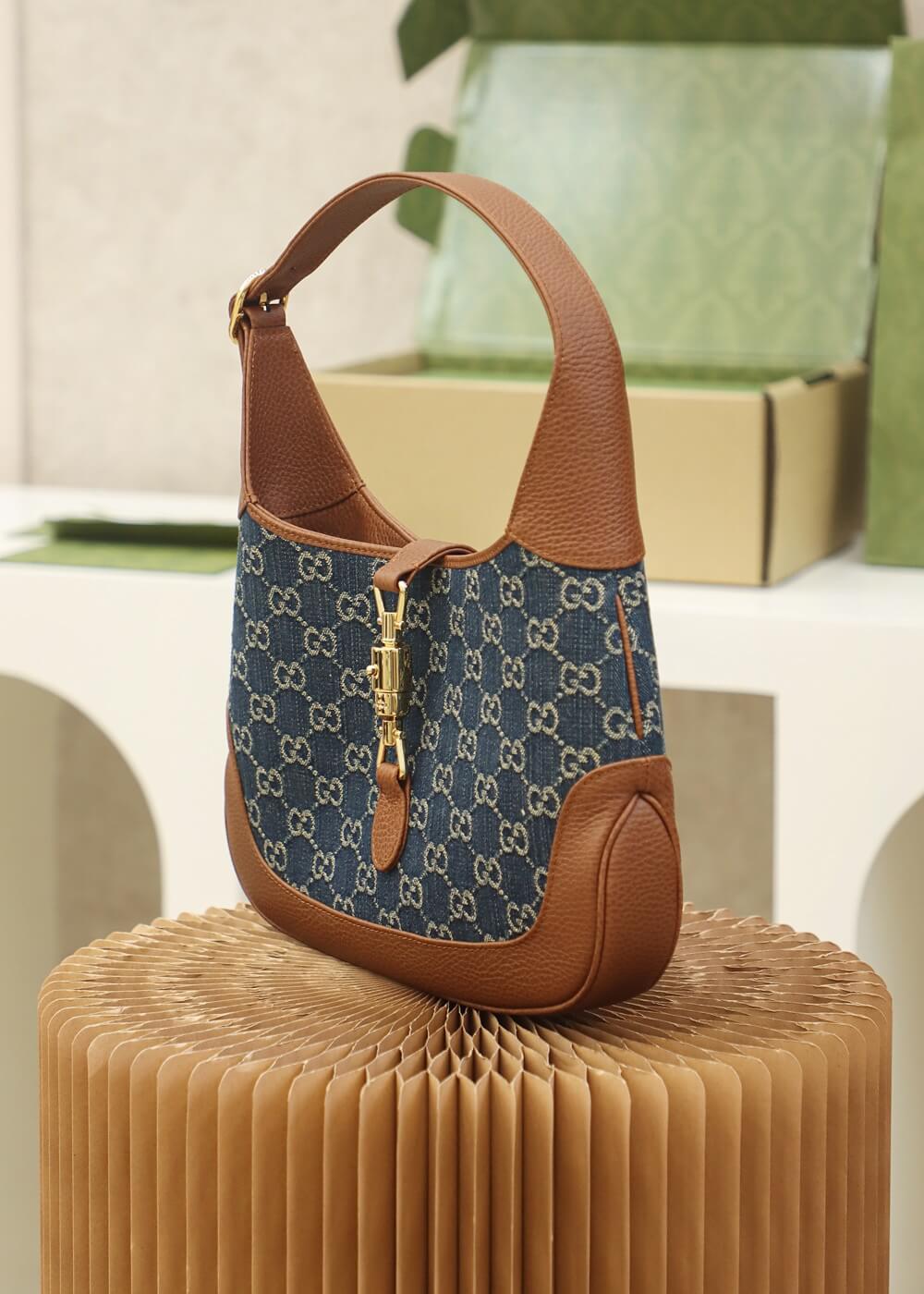 gg 637092 subaxillary bag leather brown blue canvas