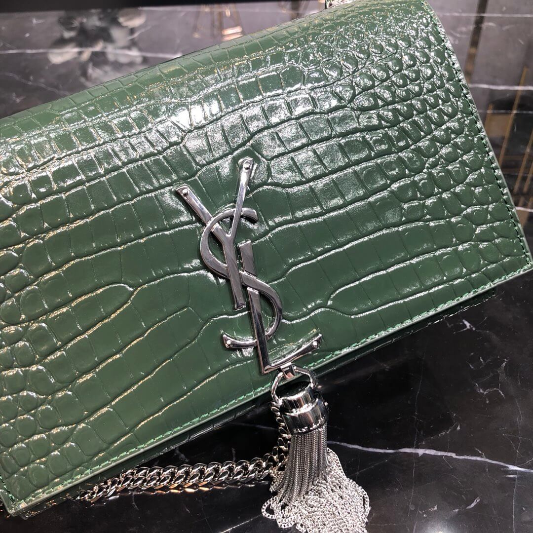 ys l cross body chain sling bags gree crocodile texture calfskin rose silver 474366