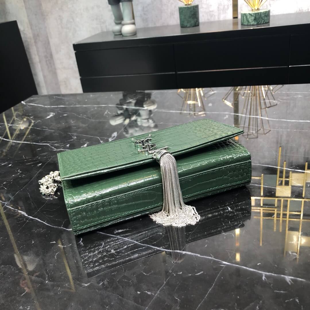 ys l cross body chain sling bags gree crocodile texture calfskin rose silver 474366