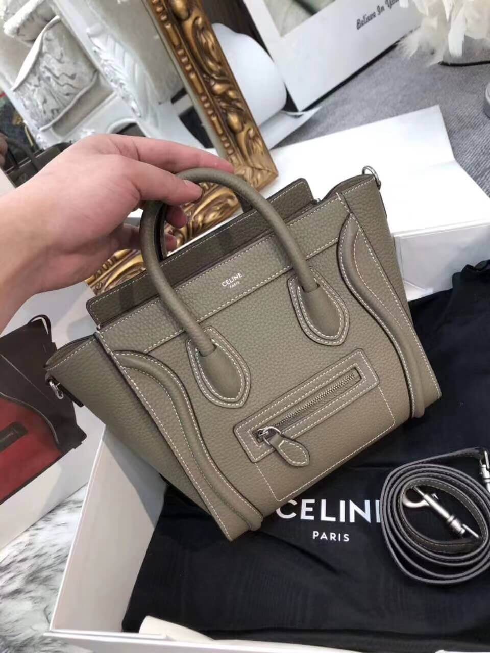 nano luggage bag in drummed calfskin shoulder bag handbag grey 070301