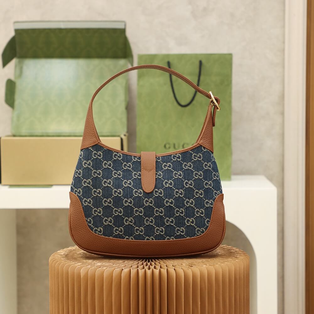 gg 637092 subaxillary bag leather brown blue canvas