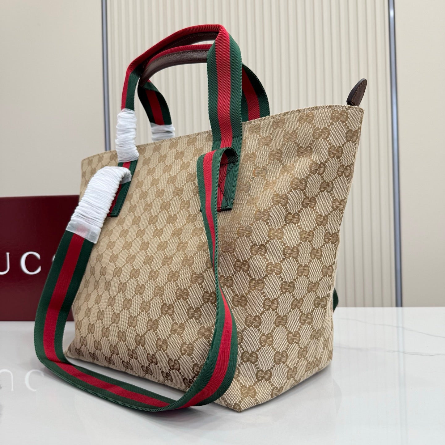 Gucci Generation GG Canvas Tote Apricot Red-Green Web 875941