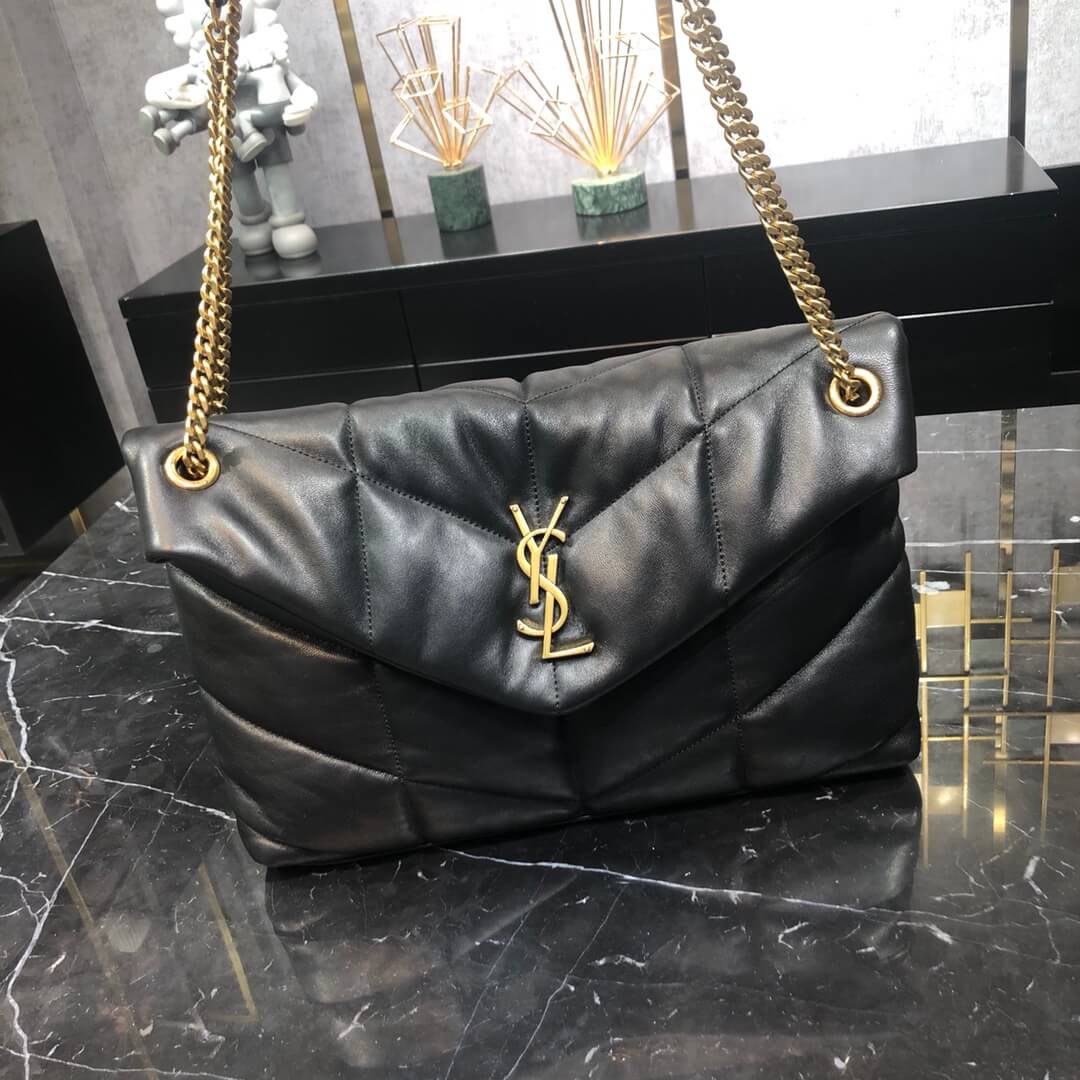 577475 loulou puffer calfskin green gold hardware 35cm 1