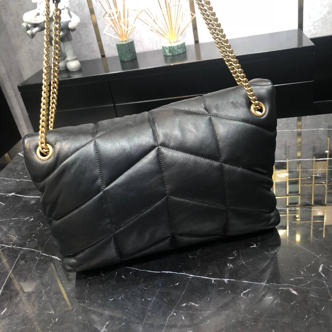 577475 loulou puffer calfskin green gold hardware 35cm 1