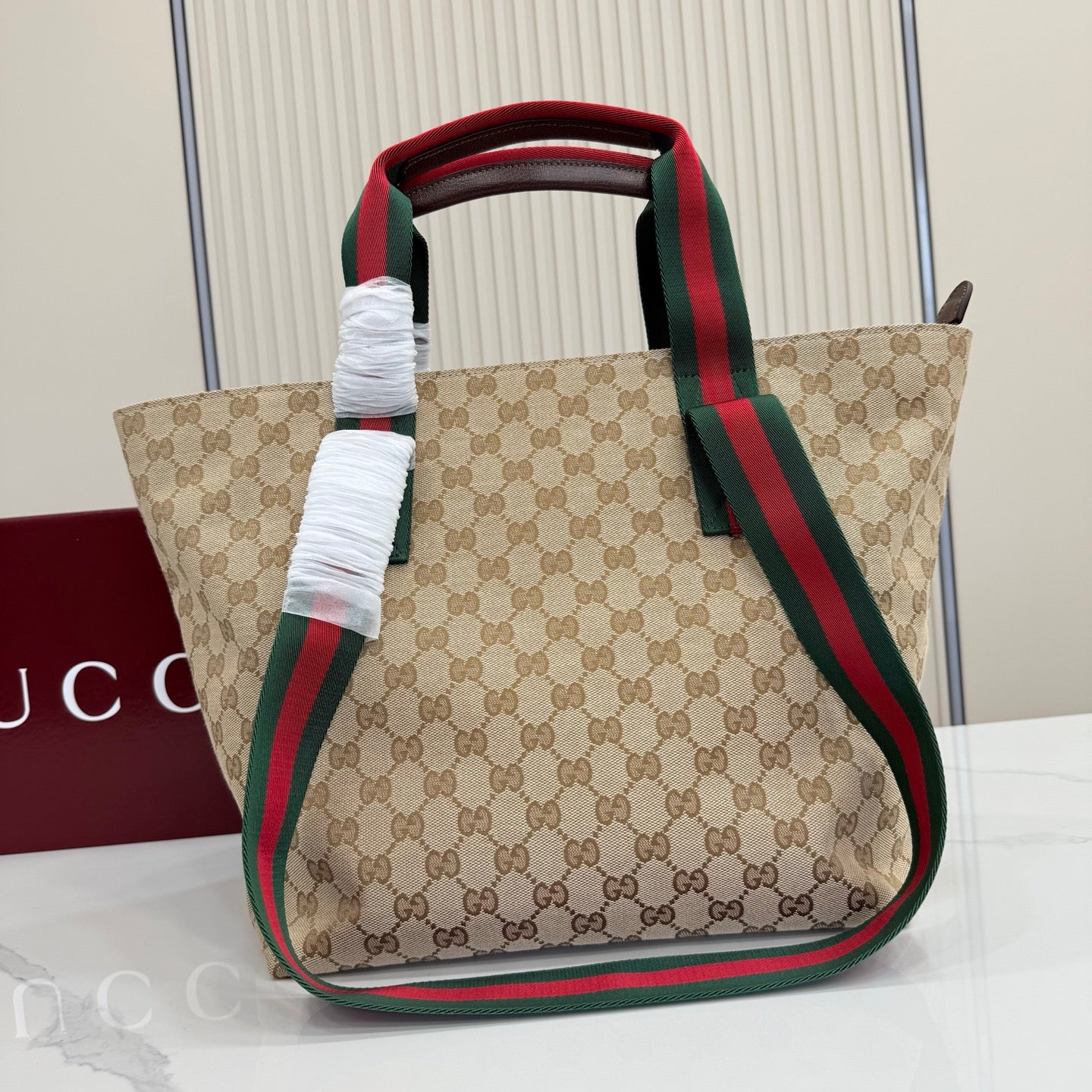 Gucci Generation GG Canvas Tote Apricot Red-Green Web 875941
