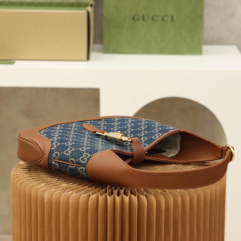gg 637092 subaxillary bag leather brown blue canvas