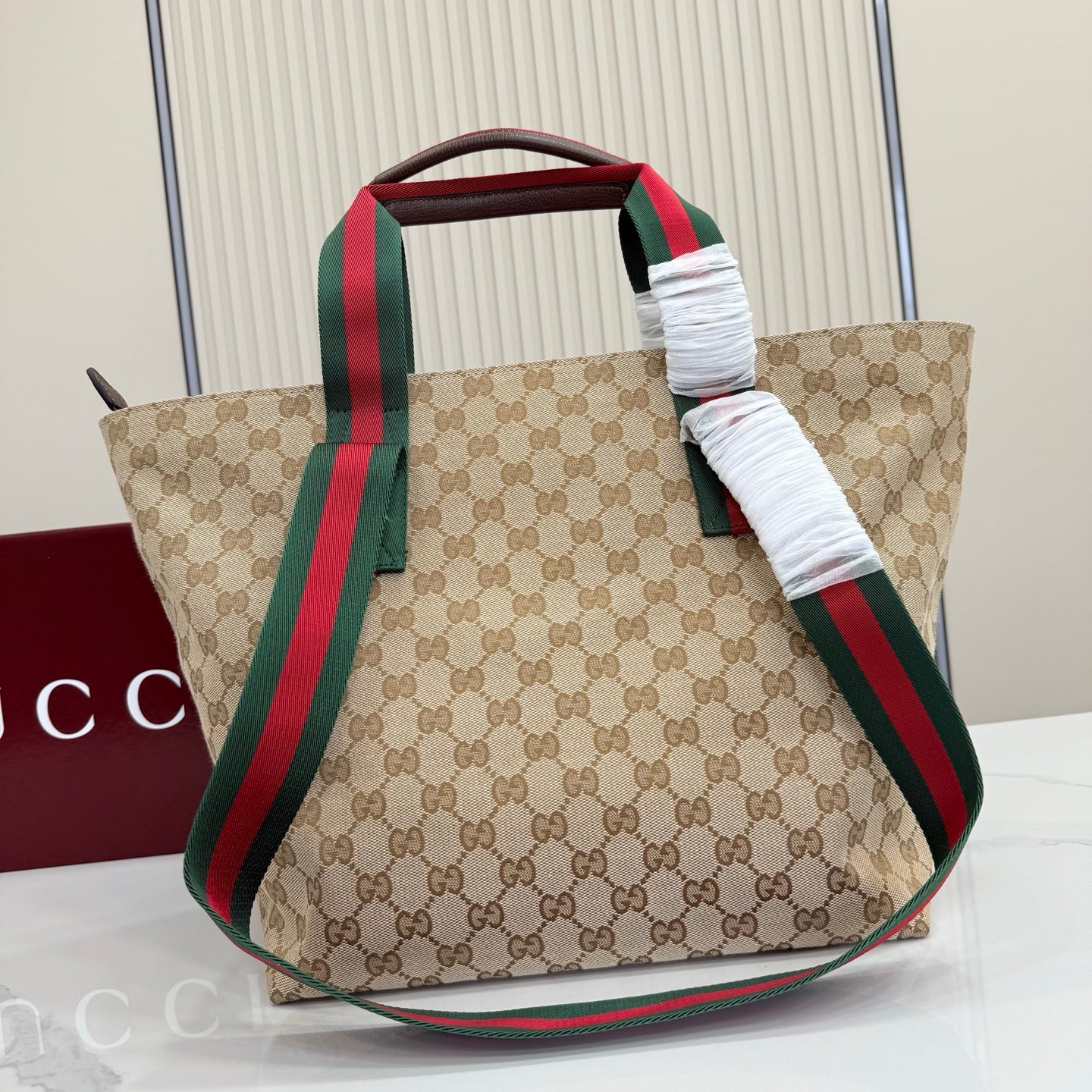 Gucci Generation GG Canvas Tote Apricot Red-Green Web 875941
