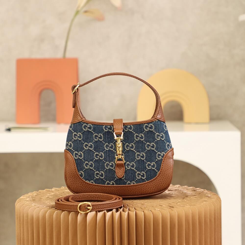 gg 637092 subaxillary bag leather brown blue canvas