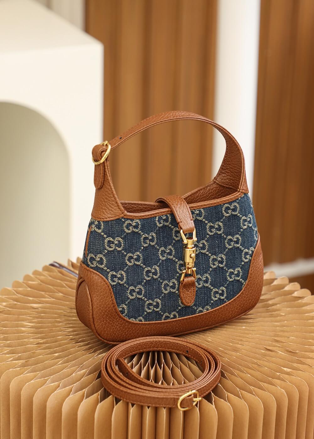 gg 637092 subaxillary bag leather brown blue canvas