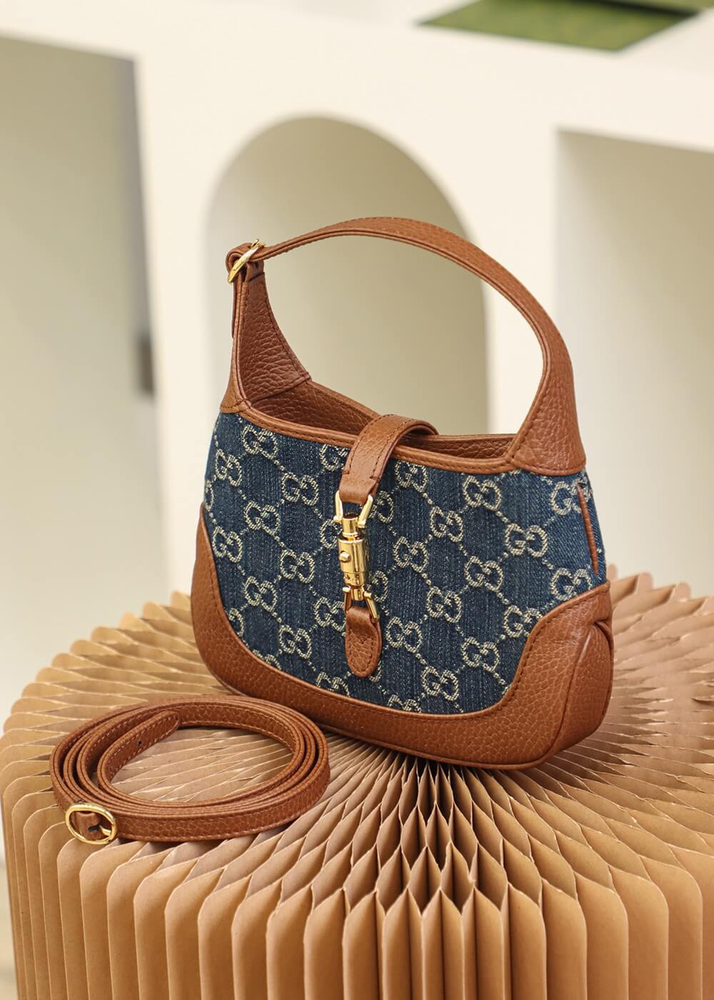 gg 637092 subaxillary bag leather brown blue canvas