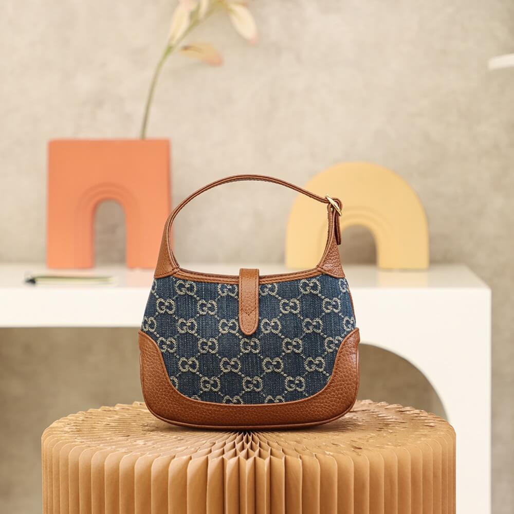 gg 637092 subaxillary bag leather brown blue canvas