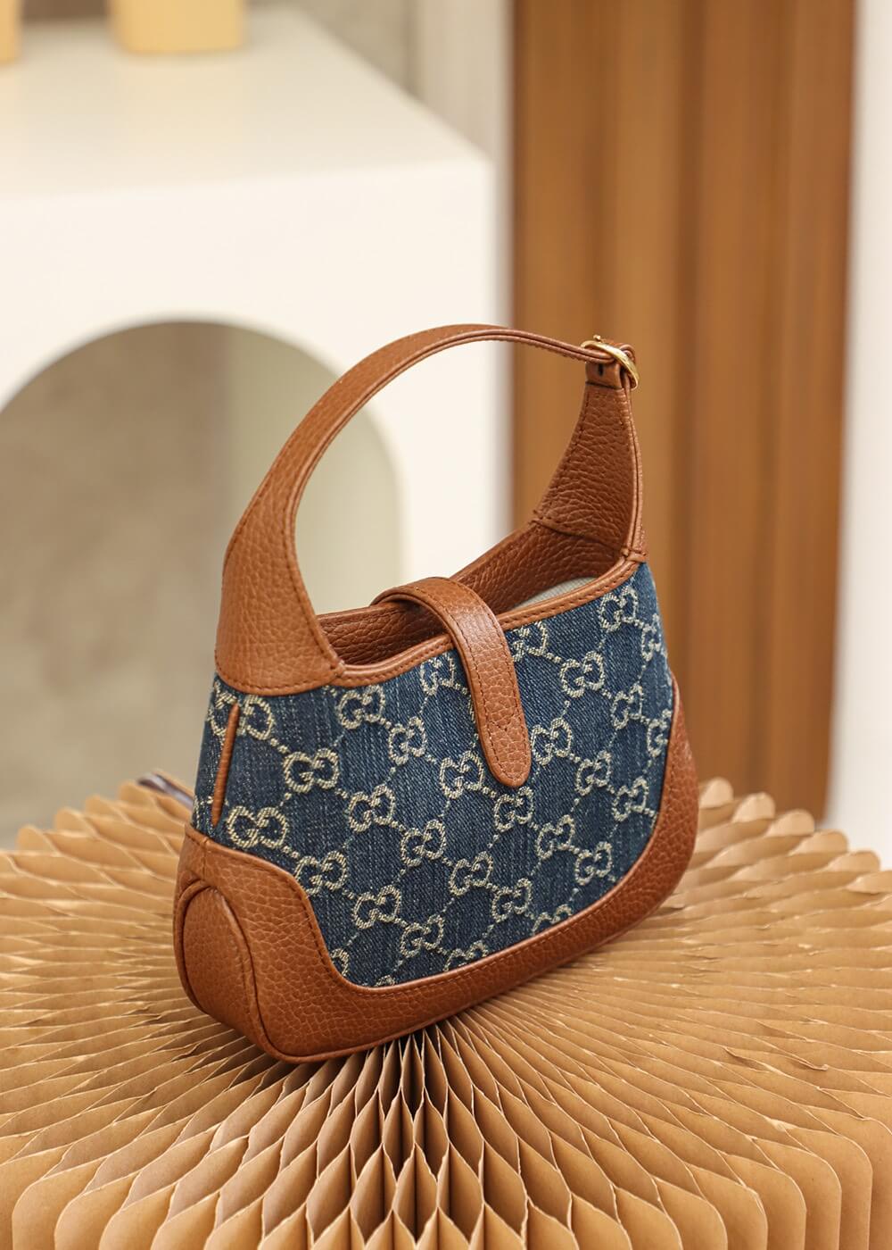 gg 637092 subaxillary bag leather brown blue canvas