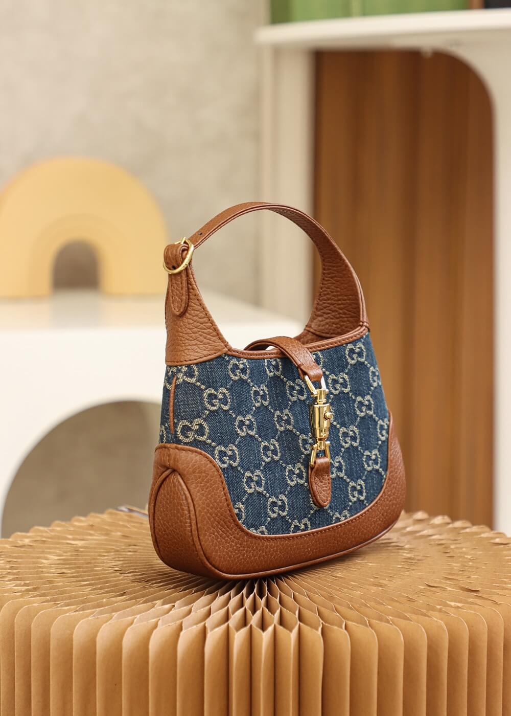 gg 637092 subaxillary bag leather brown blue canvas