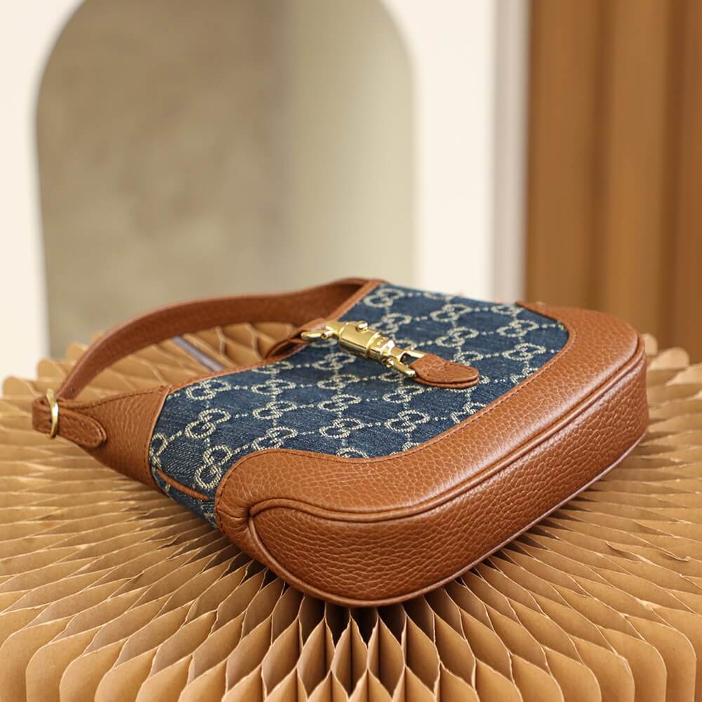 gg 637092 subaxillary bag leather brown blue canvas