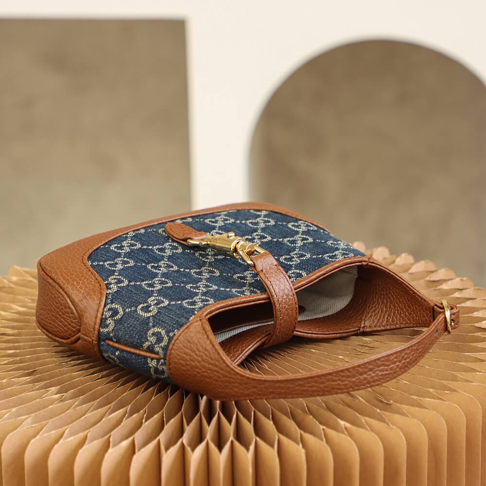 gg 637092 subaxillary bag leather brown blue canvas