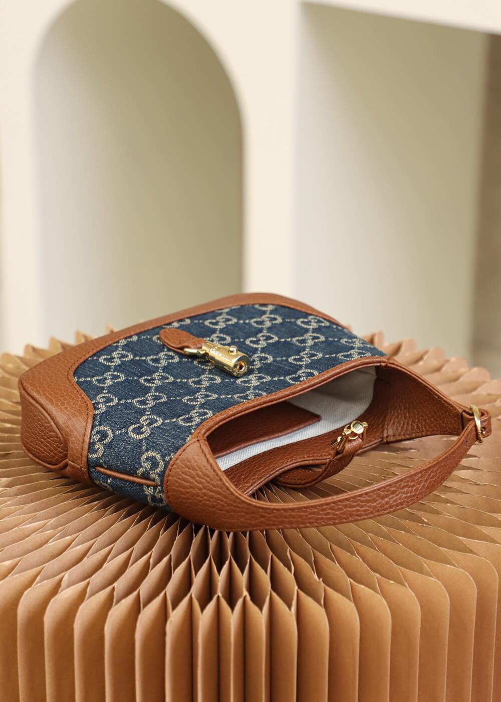 gg 637092 subaxillary bag leather brown blue canvas