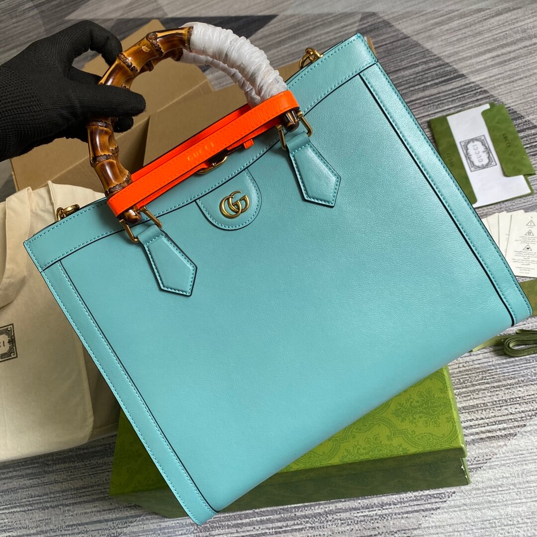 655658 diana bamboo joint tote handbag cowhide blue 35cm