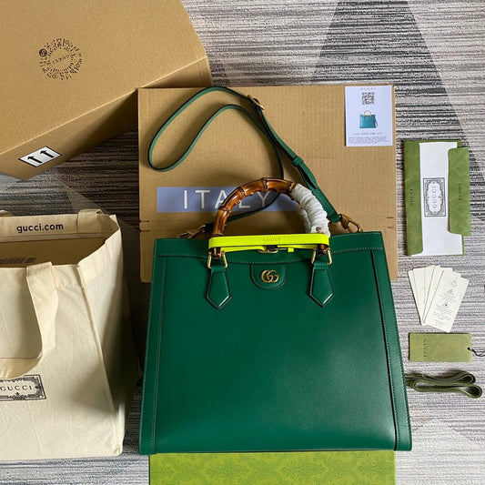 655659 diana bamboo joint tote handbag cowhide green embossing 35cm