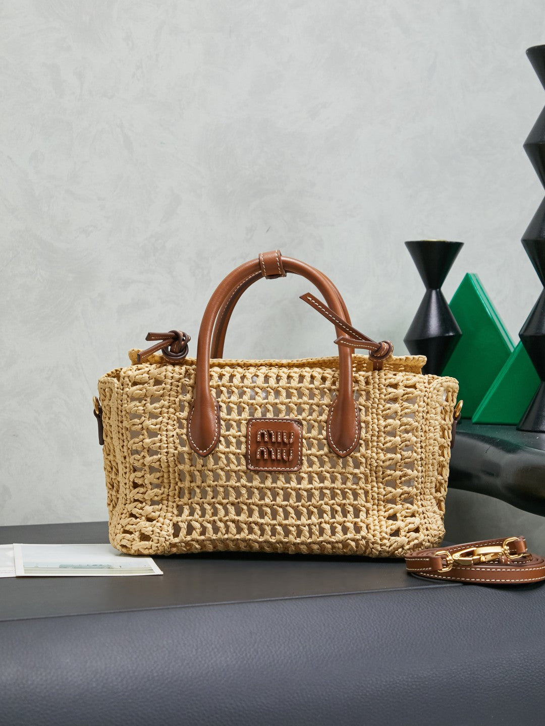 Miu Miu 26S Woven Straw Bag Beige Raffia Brown Leather 5BA316