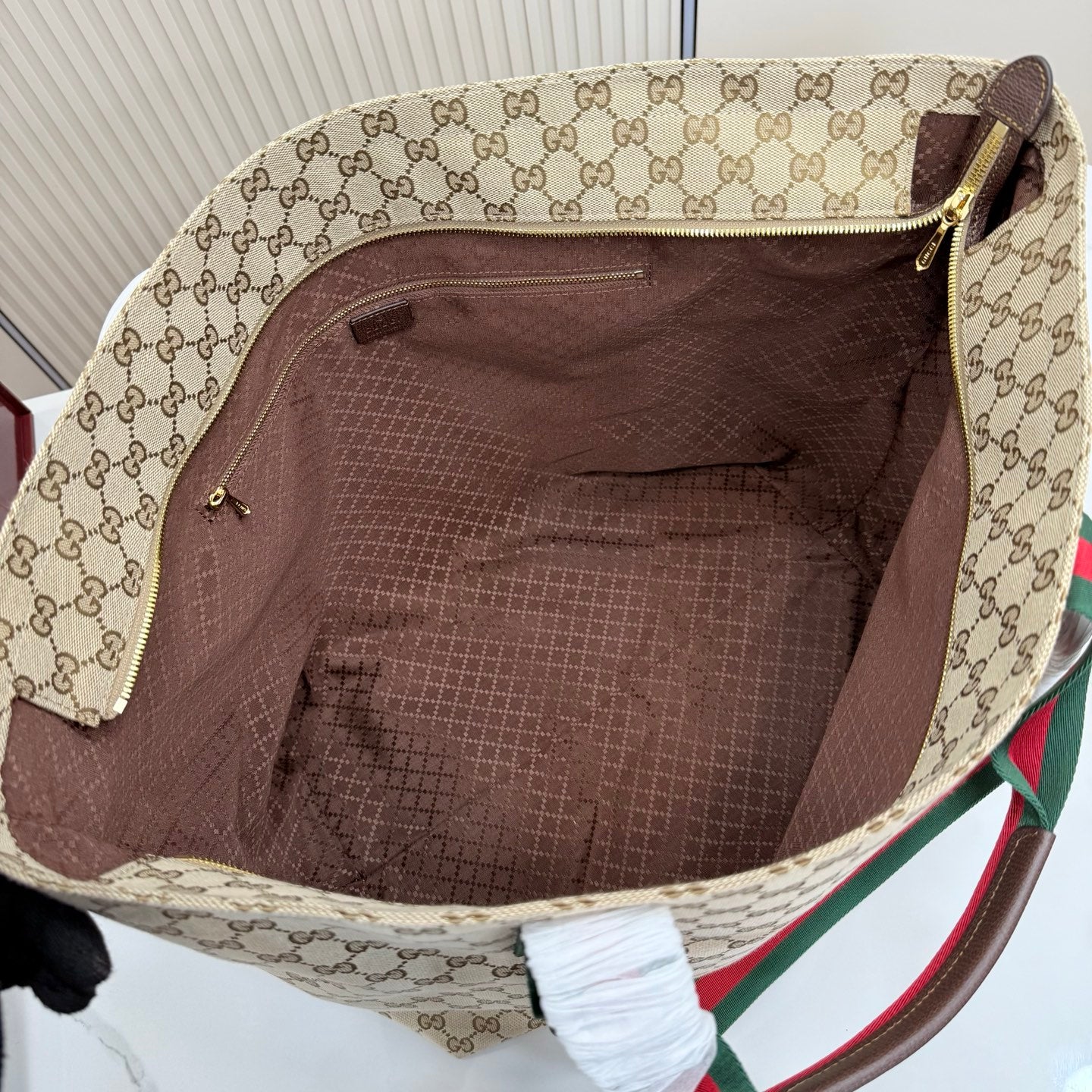 Gucci Generation GG Canvas Tote Apricot Red-Green Web 875929