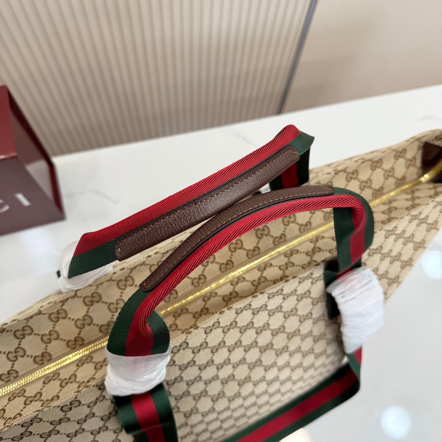 Gucci Generation GG Canvas Tote Apricot Red-Green Web 875929