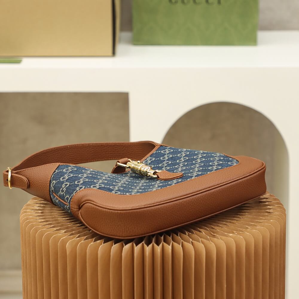 gg 637092 subaxillary bag leather brown blue canvas