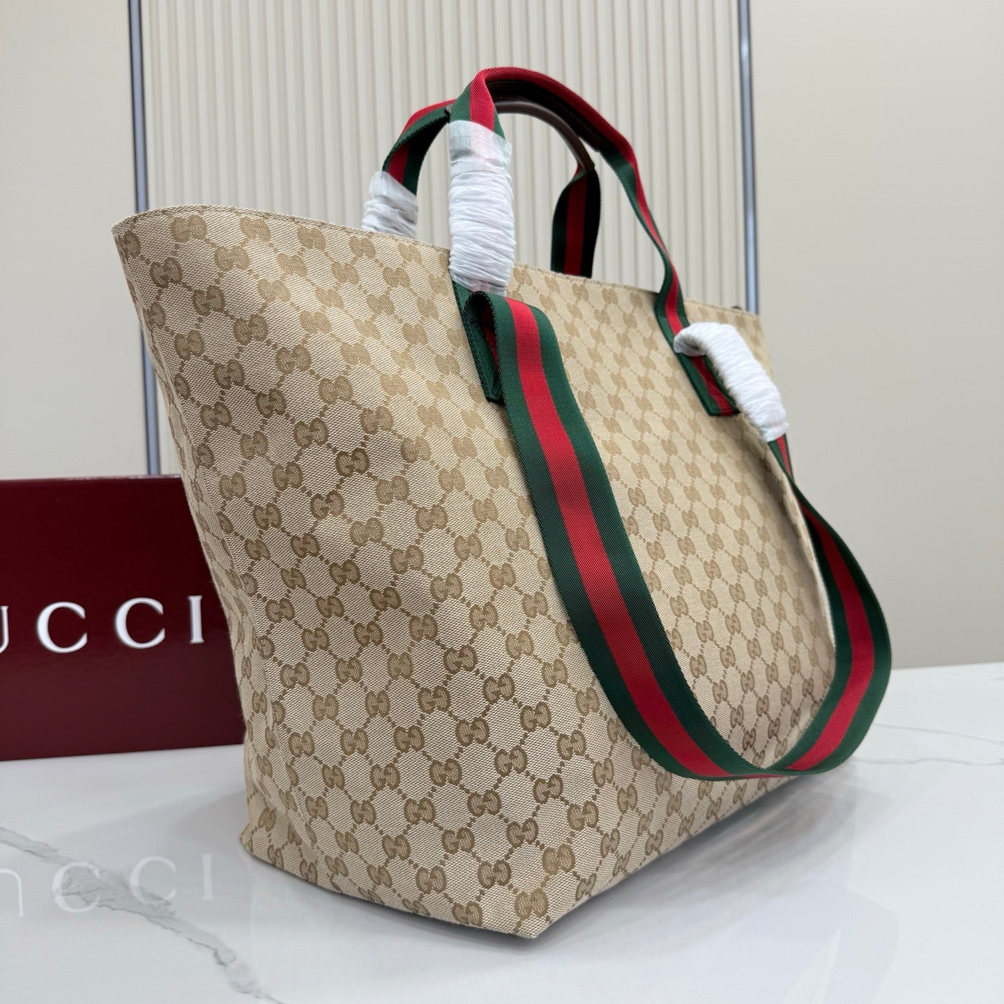 Gucci Generation GG Canvas Tote Apricot Red-Green Web 875929