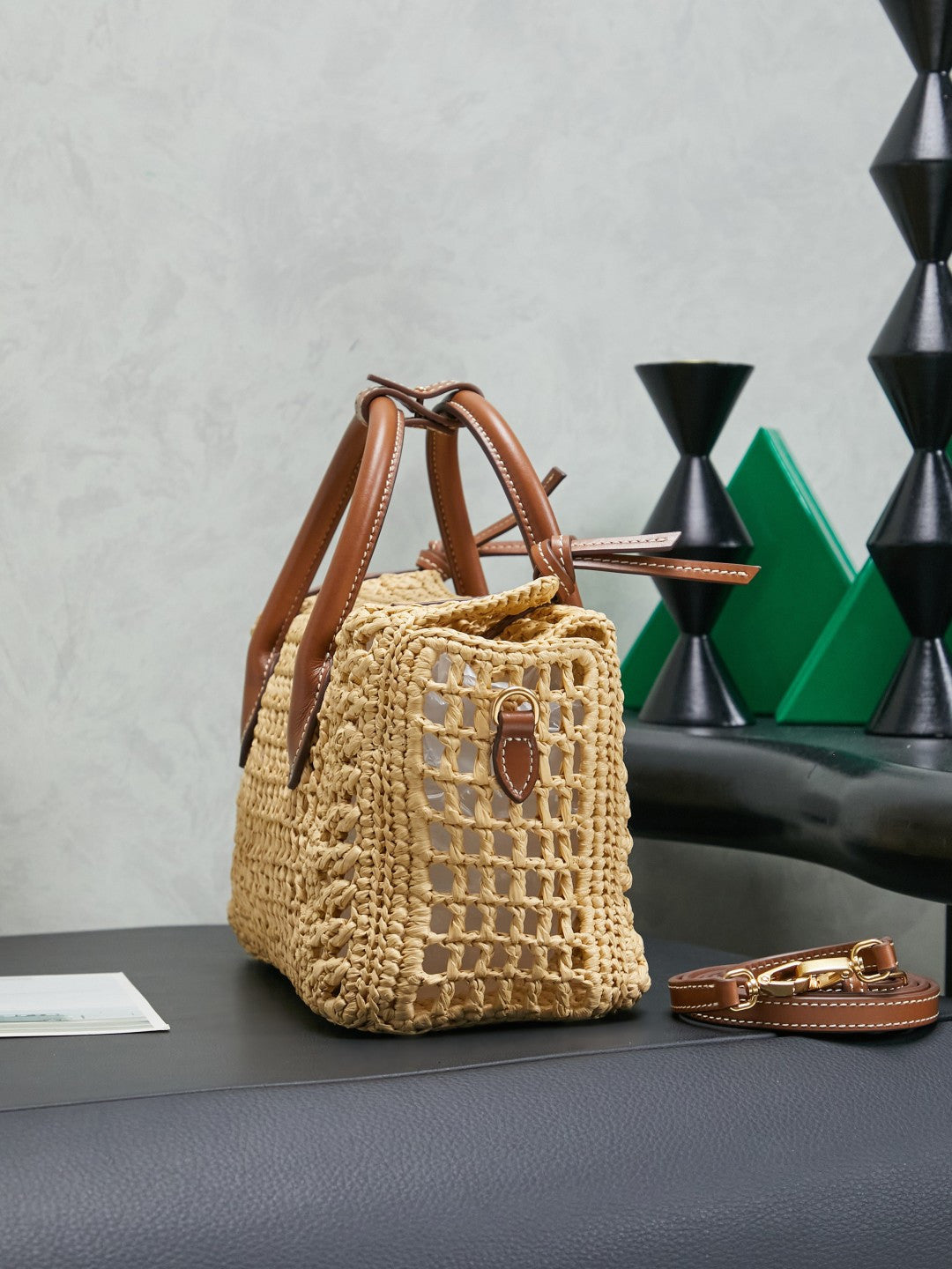 Miu Miu 26S Woven Straw Bag Beige Raffia Brown Leather 5BA316