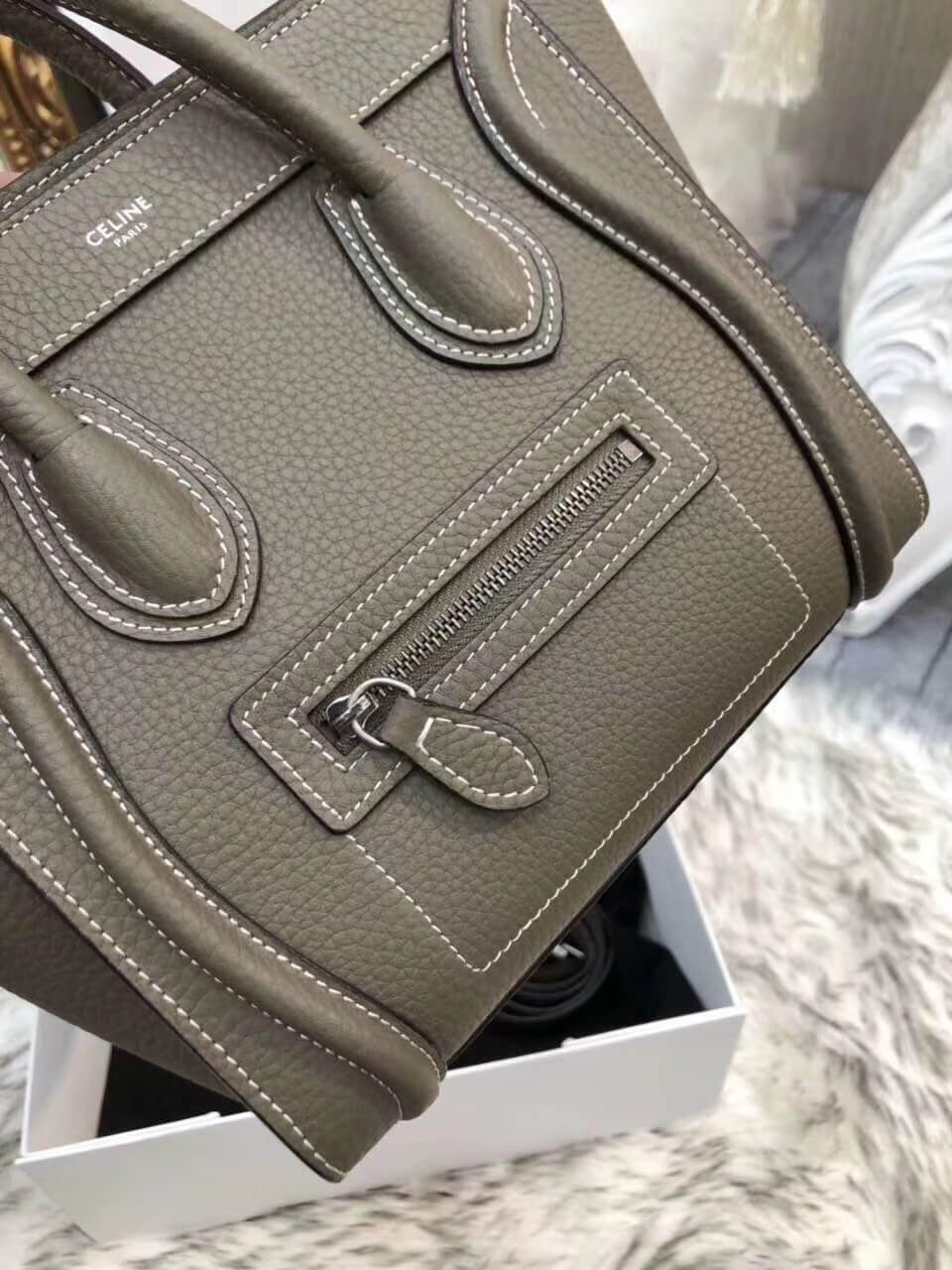 nano luggage bag in drummed calfskin shoulder bag handbag grey 070301