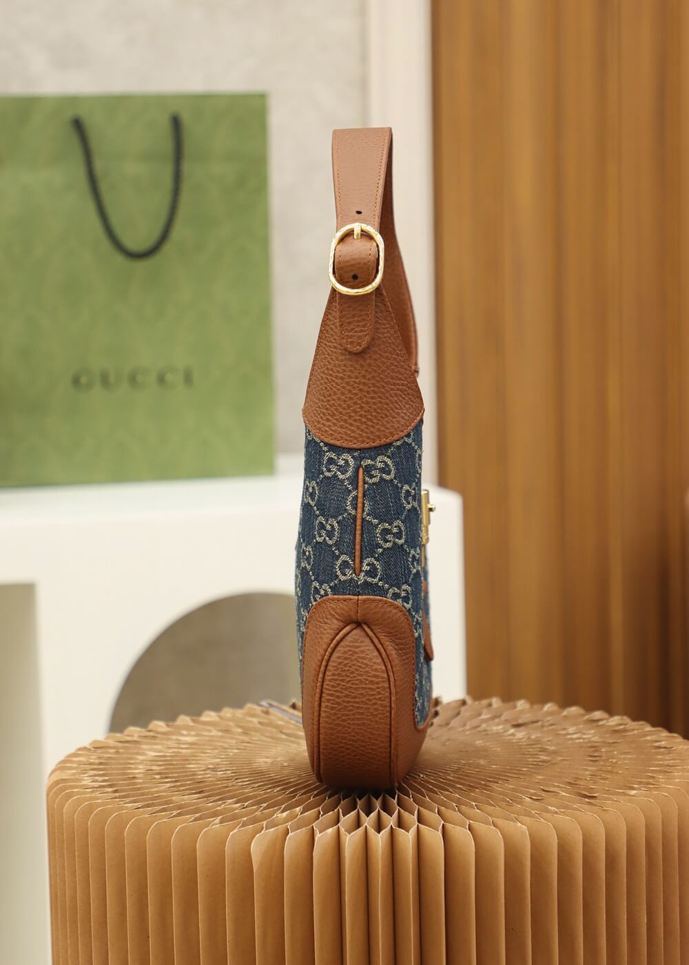 gg 637092 subaxillary bag leather brown blue canvas