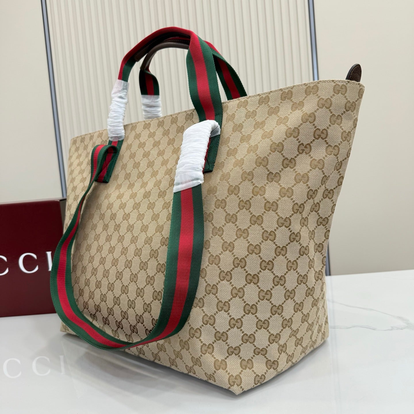 Gucci Generation GG Canvas Tote Apricot Red-Green Web 875929
