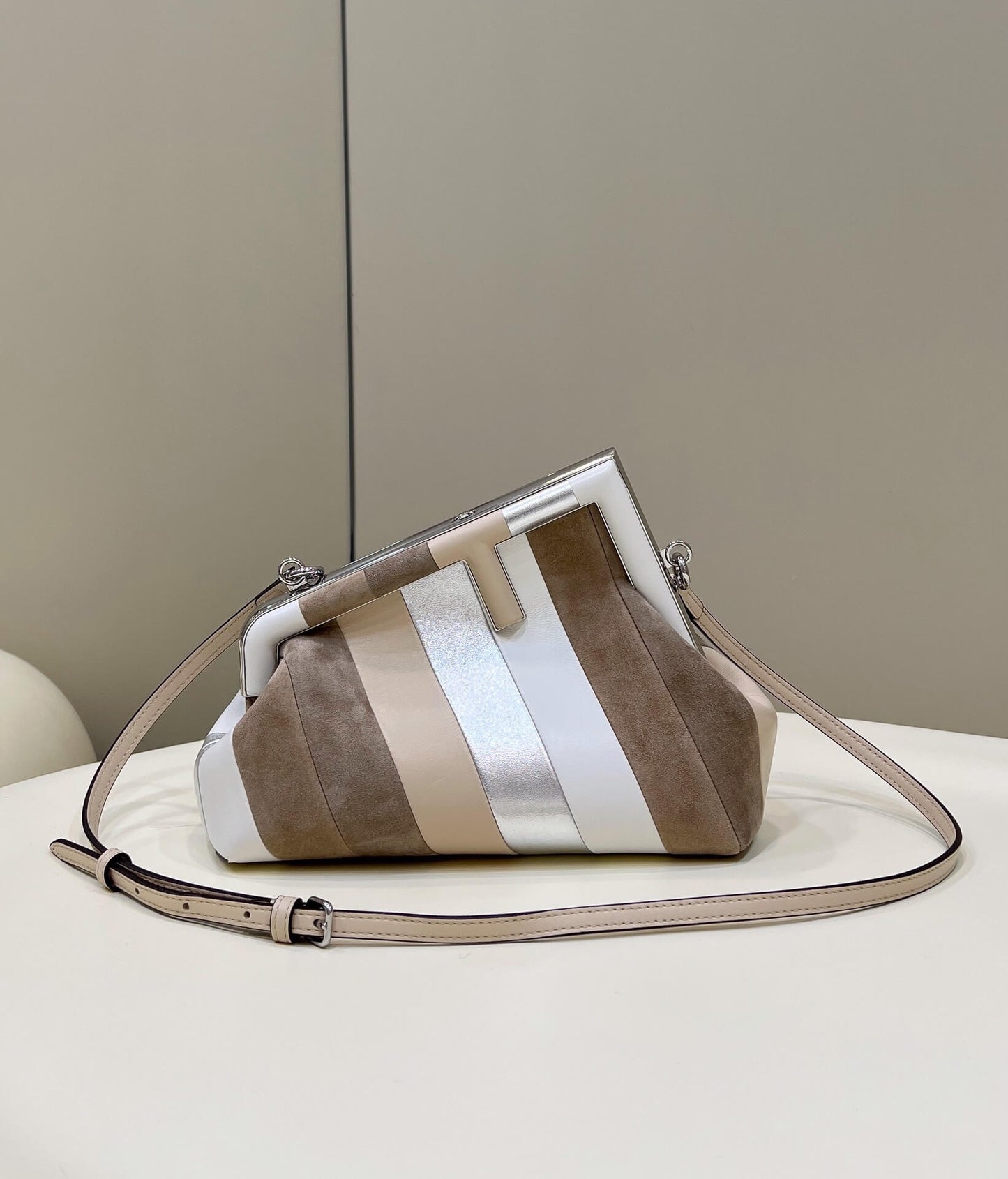 80035m ff first bag small leather bag with multicolor inlay grey white