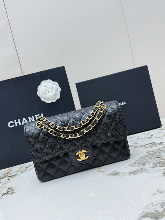 Chanel Classic Flap Bag Black Grained Calfskin Gold Hardware AS1113