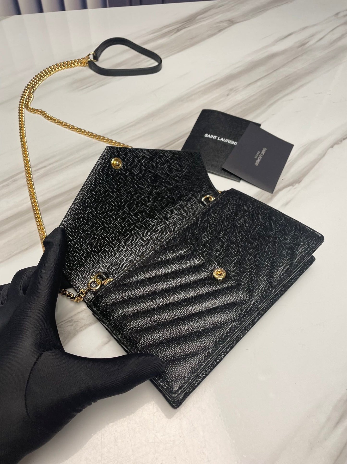ysl black gold hardware envelope small bag in mix matelasse grain de poudre embossed leather