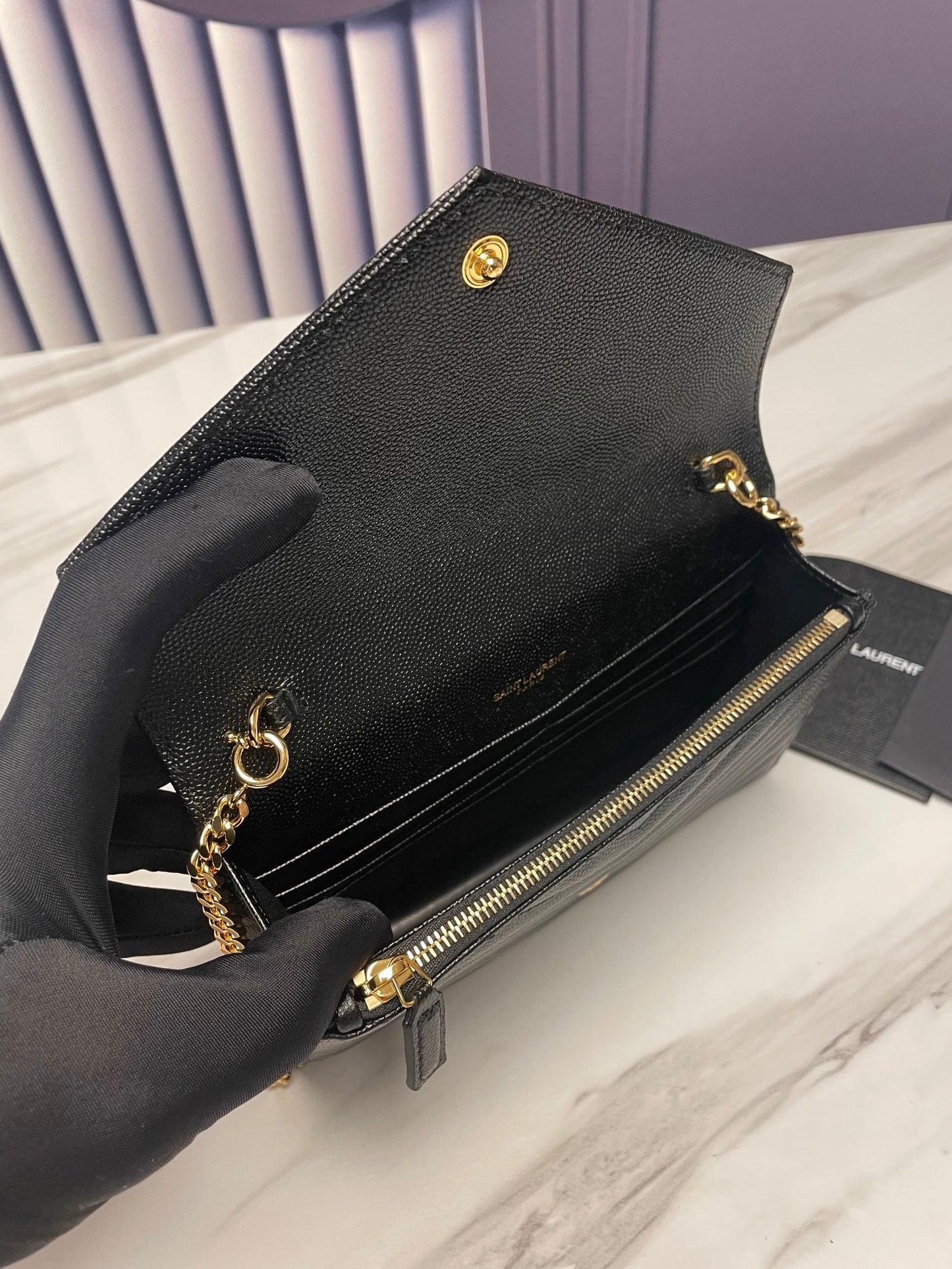 ysl black gold hardware envelope small bag in mix matelasse grain de poudre embossed leather